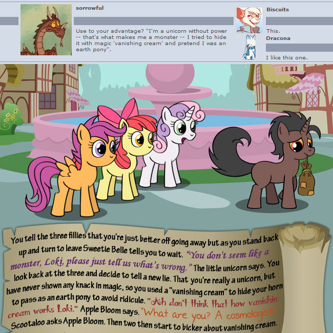 apple_bloom_(mlp) bitterplaguerat blue_eyes dialogue earth_pony english_text equine fan_character feral friendship_is_magic green_eyes horn horse loki_(bitterplaguerat) mammal my_little_pony pegasus pony pouch scootaloo_(mlp) sculpture statue sweetie_belle_(mlp) text unicorn wings yellow_eyes
