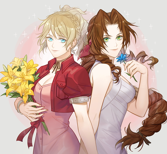 aerith_gainsborough aerith_gainsborough_(cosplay) back-to-back blonde_hair blue_eyes bouquet braid breasts brown_hair choker cleavage company_connection cosplay costume_switch cropped_jacket crossover dress final_fantasy final_fantasy_vii final_fantasy_xv flower french_braid ginmu green_eyes hair_intakes long_hair lunafreya_nox_fleuret lunafreya_nox_fleuret_(cosplay) medium_breasts multiple_girls pink_dress ponytail ribbon_choker square_enix white_dress