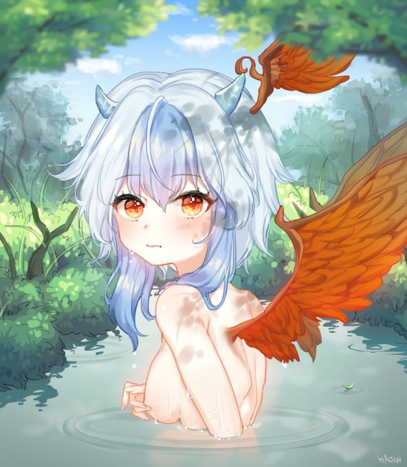 bird_wings blue_hair blush breasts bush hajin head_wings horns leaf looking_at_viewer medium_breasts multicolored_hair nude partially_submerged pond sideboob single_head_wing single_wing solo tokiko_(touhou) touhou tree two-tone_hair wet white_hair wings