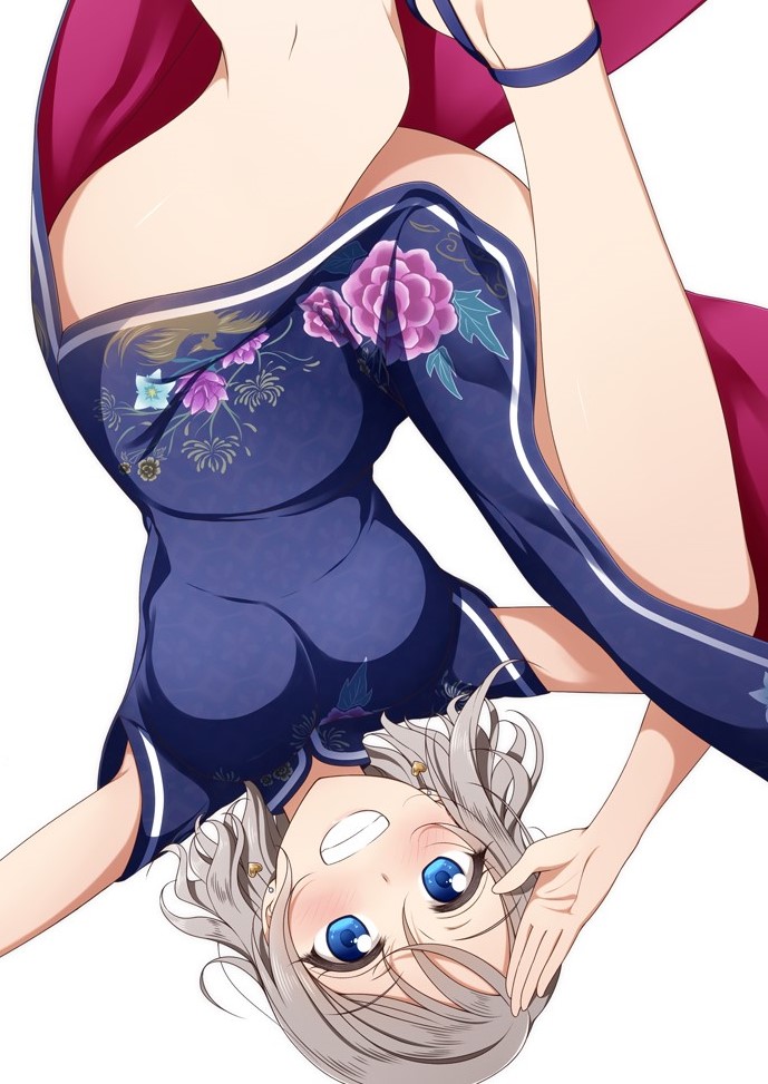 alternate_costume bare_legs blue_eyes blush breasts china_dress chinese_clothes commentary_request dress earrings eyebrows_visible_through_hair hair_between_eyes jewelry leg_up legs light_brown_hair looking_at_viewer love_live! love_live!_sunshine!! medium_breasts salute short_hair short_sleeves side_slit simple_background smile solo suzume_miku teeth thighs upside-down watanabe_you white_background