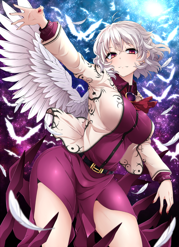 arm_up ascot bangs belt bird breasts brooch closed_mouth contrapposto curvy dress feathered_wings feathers half_updo hips jacket jewelry kishin_sagume large_breasts light_smile long_sleeves nail_polish open_clothes open_jacket purple_dress red_eyes red_nails rihito_(usazukin) shirt short_dress short_hair single_wing sky smile solo standing star_(sky) starry_sky taut_clothes taut_shirt thighs touhou white_hair white_wings wing_collar wings