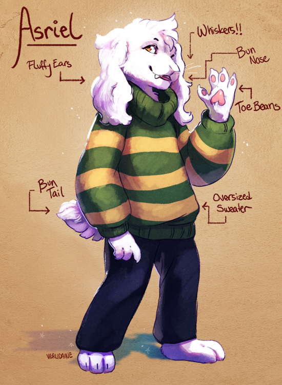 arrow asriel_dreemurr boss_monster caprine child english_text fangs fur goat long_ears mammal paws red_eyes solo standing stripes text undertale verlidaine video_games white_fur young