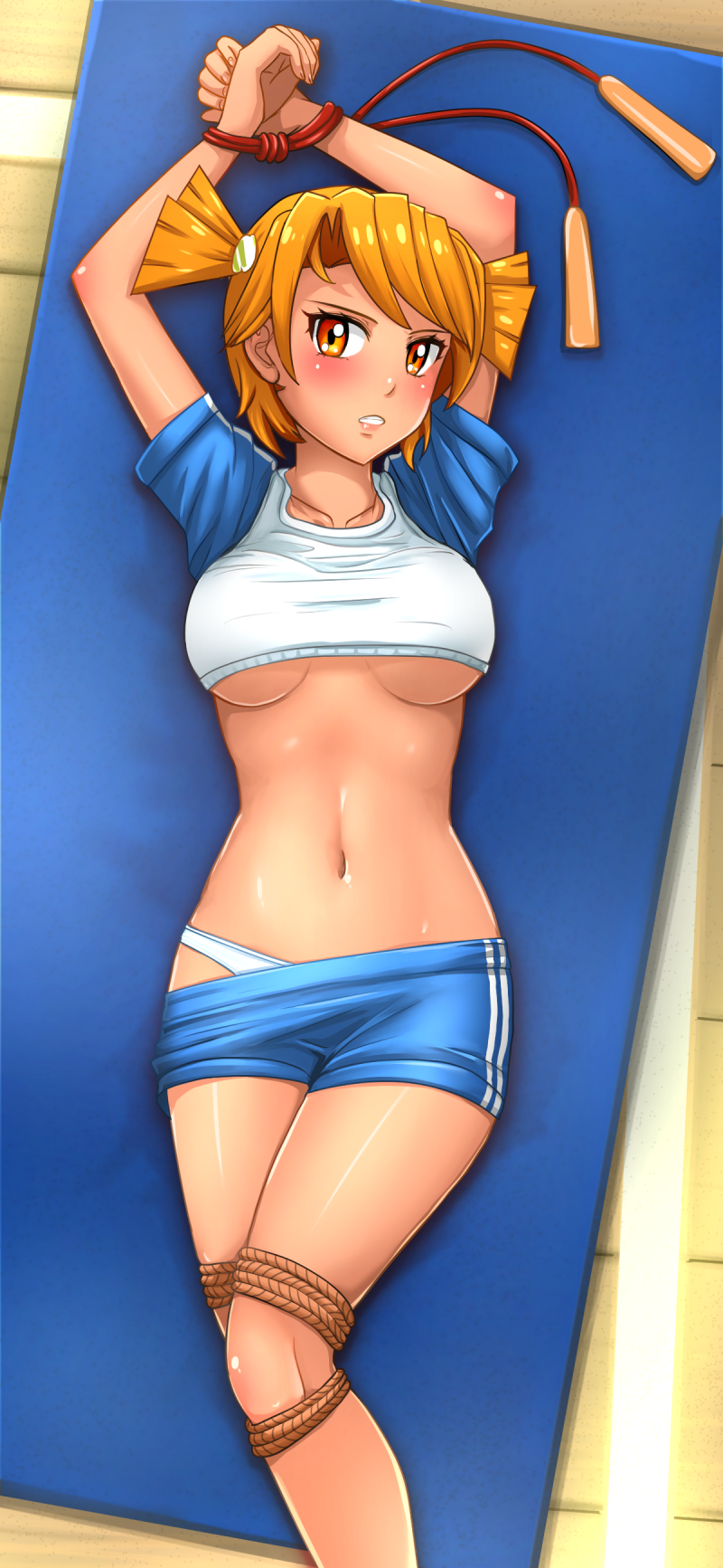 arms_up blush bound bound_legs bound_wrists breasts clenched_teeth collarbone dvach-tan everlasting_summer highres huyase jump_rope looking_at_viewer lying mat medium_breasts navel on_back orange_eyes orange_hair panties panty_peek parted_lips rope shiny shiny_skin shirt_lift short_hair short_twintails shorts shorts_pull solo stomach teeth twintails underboob underwear white_panties wooden_floor