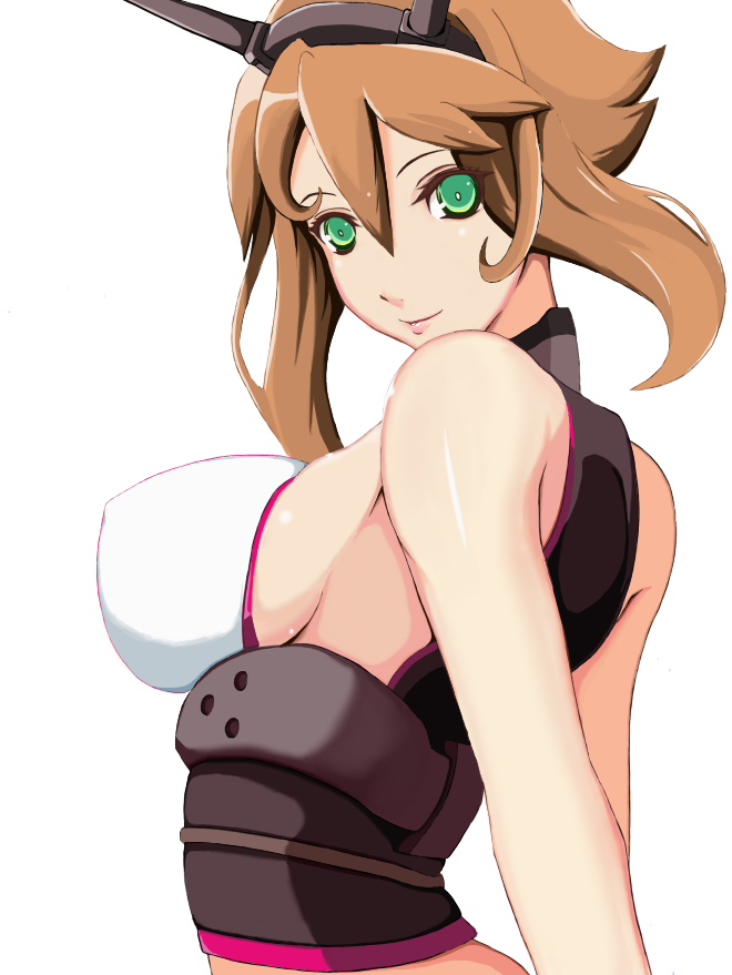 bangs breasts brown_hair commentary_request covered_nipples flipped_hair from_side gel_(guyver123) green_eyes hair_between_eyes headgear kantai_collection large_breasts lips mutsu_(kantai_collection) short_hair sideboob simple_background sleeveless smile solo upper_body white_background
