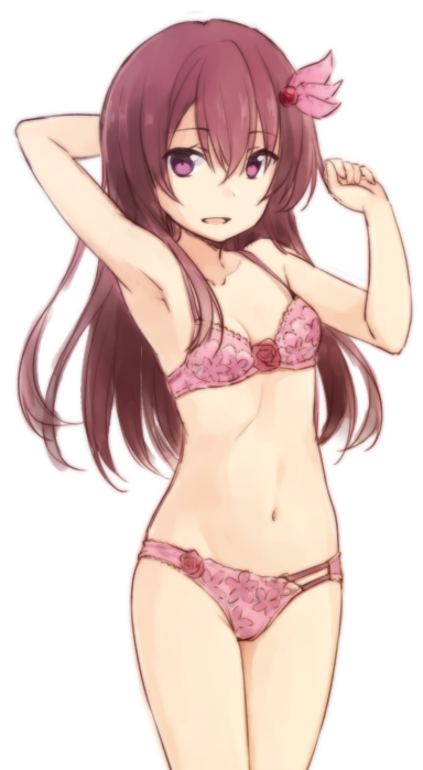 :d alternate_costume arm_behind_head arm_up armpits bangs bare_arms bare_shoulders blush bra breasts cleavage collarbone cowboy_shot eyebrows_visible_through_hair floral_print flower hair_ornament hairpin kantai_collection kisaragi_(kantai_collection) legs_together lingerie long_hair looking_at_viewer multi-strapped_panties nagami_yuu navel open_mouth panties pink_bra pink_panties purple_eyes red_flower red_hair red_rose rose simple_background small_breasts smile solo stomach underwear underwear_only white_background
