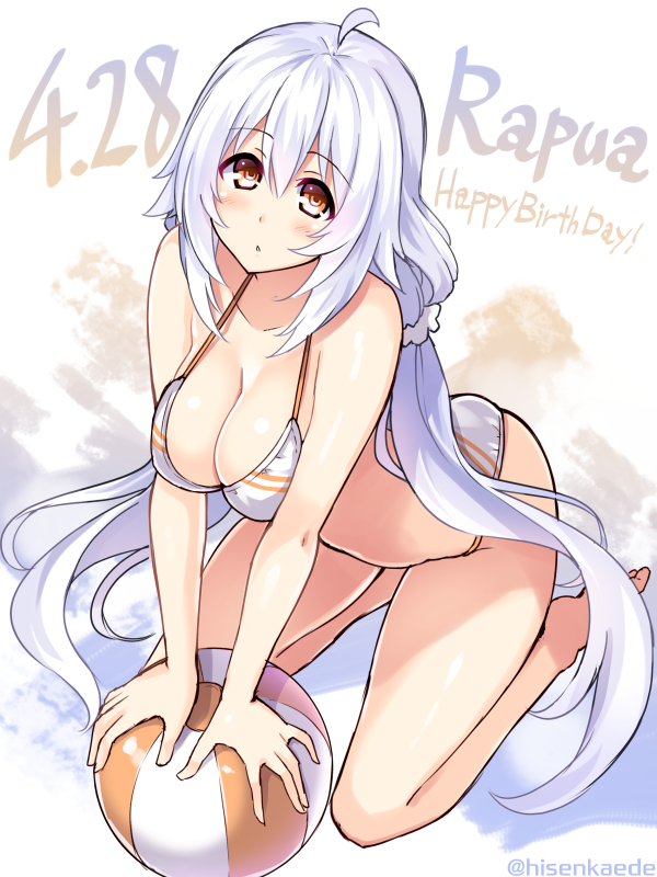 ahoge artist_name ball barefoot bikini blush breasts brown_eyes character_name cleavage cu-no dated hair_ornament hair_scrunchie happy_birthday hisenkaede large_breasts long_hair low_twintails open_mouth original rapua_qive scrunchie silver_hair simple_background sitting solo striped swimsuit twintails twitter_username wariza white_bikini