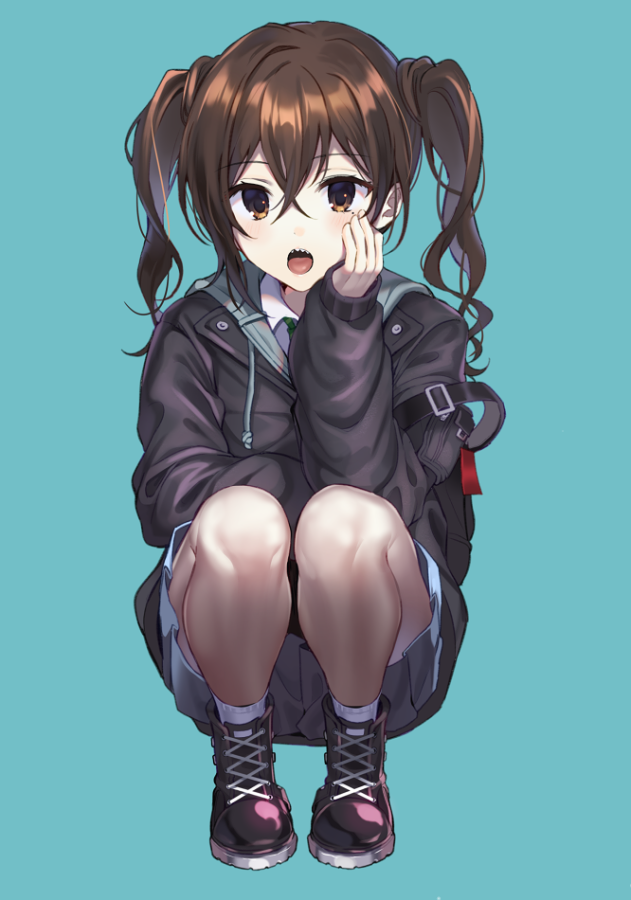 1girl bangs black_footwear black_jacket blush boots brown_eyes brown_hair collared_shirt eyebrows_visible_through_hair full_body green_neckwear grey_skirt hair_between_eyes hand_on_own_face idolmaster idolmaster_cinderella_girls jacket long_hair long_sleeves looking_at_viewer mole mole_under_eye necktie open_mouth pinb sharp_teeth shirt simple_background skirt solo squatting sunazuka_akira teeth tongue twintails white_shirt