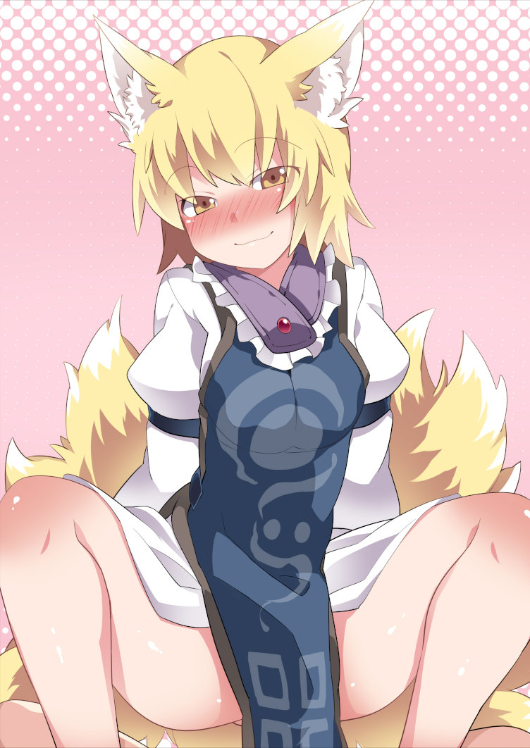 animal_ear_fluff animal_ears bad_id bad_pixiv_id blonde_hair blush commentary_request eyebrows_visible_through_hair fox_ears fox_tail hammer_(sunset_beach) kitsune multiple_tails no_hat no_headwear short_hair simple_background smile spread_legs tabard tail touhou yakumo_ran yellow_eyes