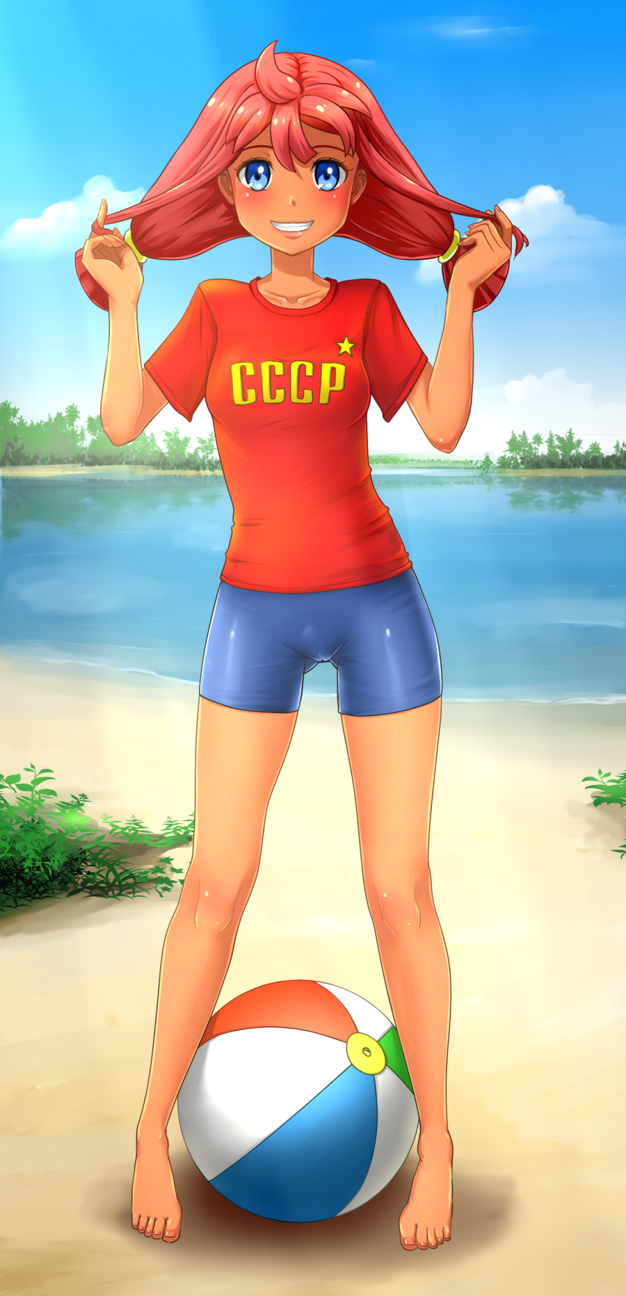 ass_visible_through_thighs ball bare_legs barefoot beachball bike_shorts blue_eyes blue_sky blush breasts cameltoe clothes_writing cloud collarbone day everlasting_summer full_body grin highres huyase lake long_hair looking_at_viewer low_twintails nature outdoors red_hair red_shirt shirt sky small_breasts smile solo t-shirt tan teeth twintails ussr-tan water