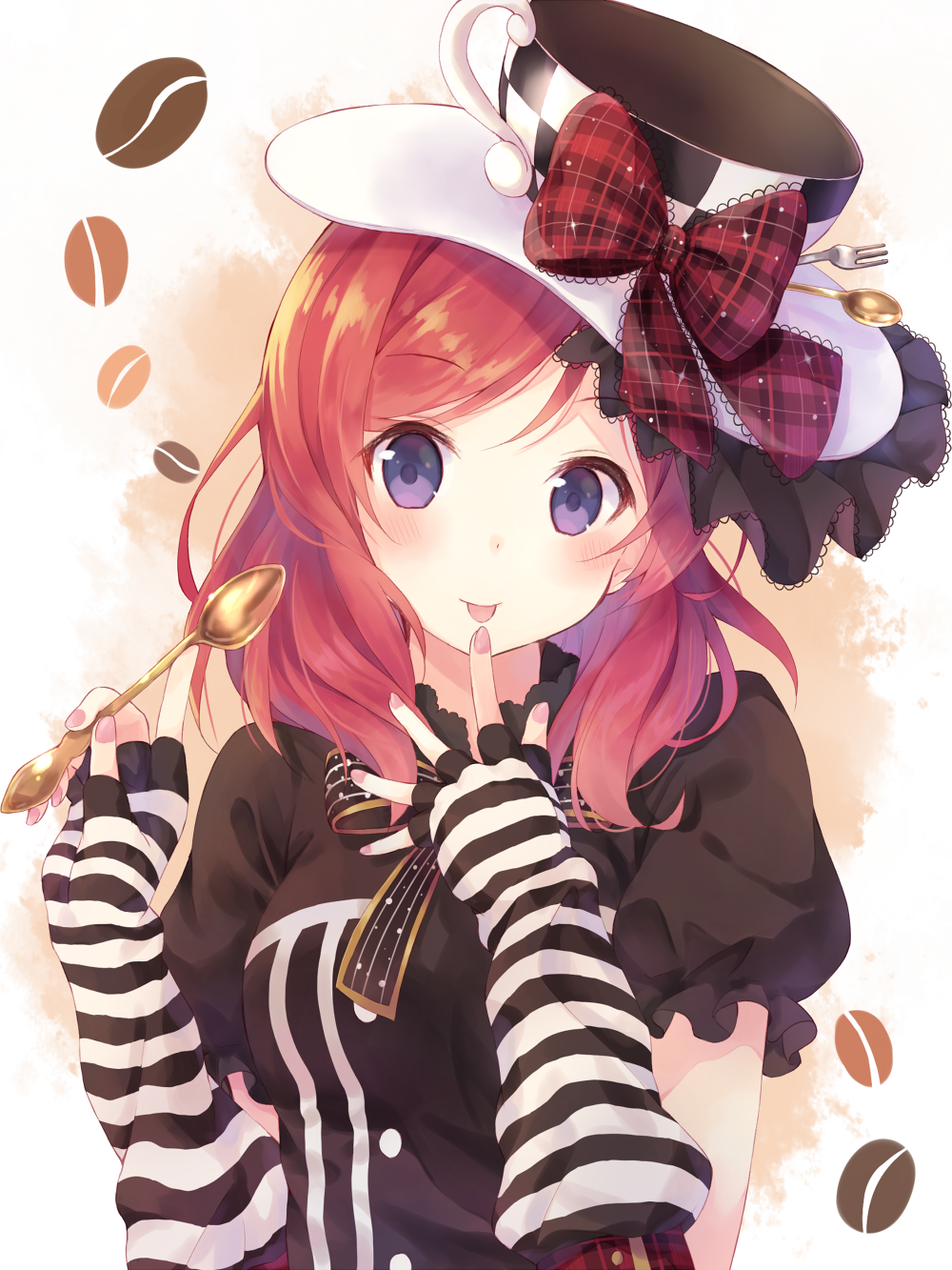 black_shirt blush bow buttons coffee_beans elbow_gloves fingernails fork frilled_sleeves frills gloves hand_to_own_mouth hat hat_bow hat_ornament highres holding love_live! love_live!_school_idol_festival love_live!_school_idol_project nail_polish nishikino_maki nonono pink_nails plaid plaid_bow puffy_short_sleeves puffy_sleeves purple_eyes red_hair shirt short_hair short_sleeves simple_background solo spoon striped striped_bow striped_gloves tongue tongue_out top_hat upper_body