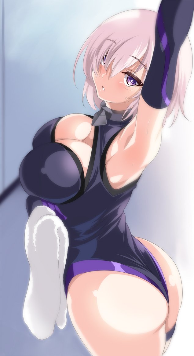 :o arm_up armpits ass backlighting bare_shoulders blurry blush breasts bright_pupils cleavage cleavage_cutout cowboy_shot depth_of_field detached_sleeves elbow_gloves eyebrows_visible_through_hair fate/grand_order fate_(series) from_side gloves hair_over_one_eye holding holding_towel impossible_clothes impossible_leotard kure_masahiro large_breasts legs_together leotard looking_at_viewer looking_to_the_side mash_kyrielight open_mouth parted_lips pink_hair purple_eyes purple_gloves purple_leotard shiny shiny_skin short_hair skindentation solo standing sweat thigh_strap towel tsurime