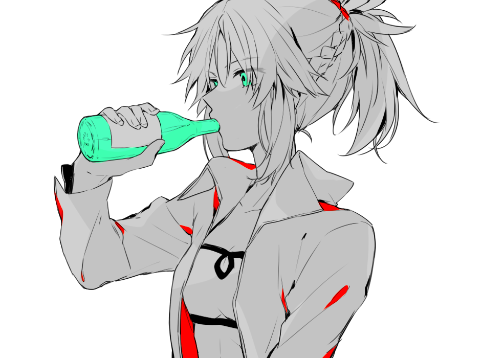 bottle citron_82 drink drinking eyebrows_visible_through_hair fate/apocrypha fate_(series) green_eyes long_hair long_sleeves monochrome mordred_(fate) mordred_(fate)_(all) ponytail solo spot_color