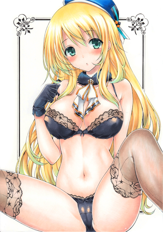 arm_behind_back arm_up atago_(kantai_collection) bare_shoulders black_bra black_gloves black_panties blonde_hair blush border bra breasts brown_legwear covered_nipples detached_collar fur_collar gloves green_eyes hat kantai_collection lace lace-trimmed_bra lace-trimmed_panties lace-trimmed_thighhighs large_breasts long_hair looking_at_viewer midriff navel neck_ribbon panties ren_(endscape20) ribbon sitting solo spread_legs strap_slip thighhighs traditional_media underwear white_background
