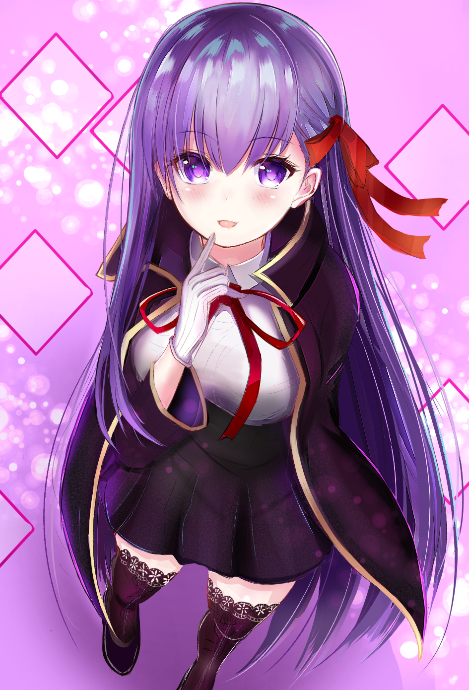 bb_(fate)_(all) bb_(fate/extra_ccc) black_legwear breasts dress fate/extra fate/extra_ccc fate_(series) gloves hair_ribbon highres lace lace-trimmed_thighhighs large_breasts long_hair purple_eyes purple_hair red_ribbon ria_(riarea00) ribbon solo thighhighs very_long_hair white_gloves