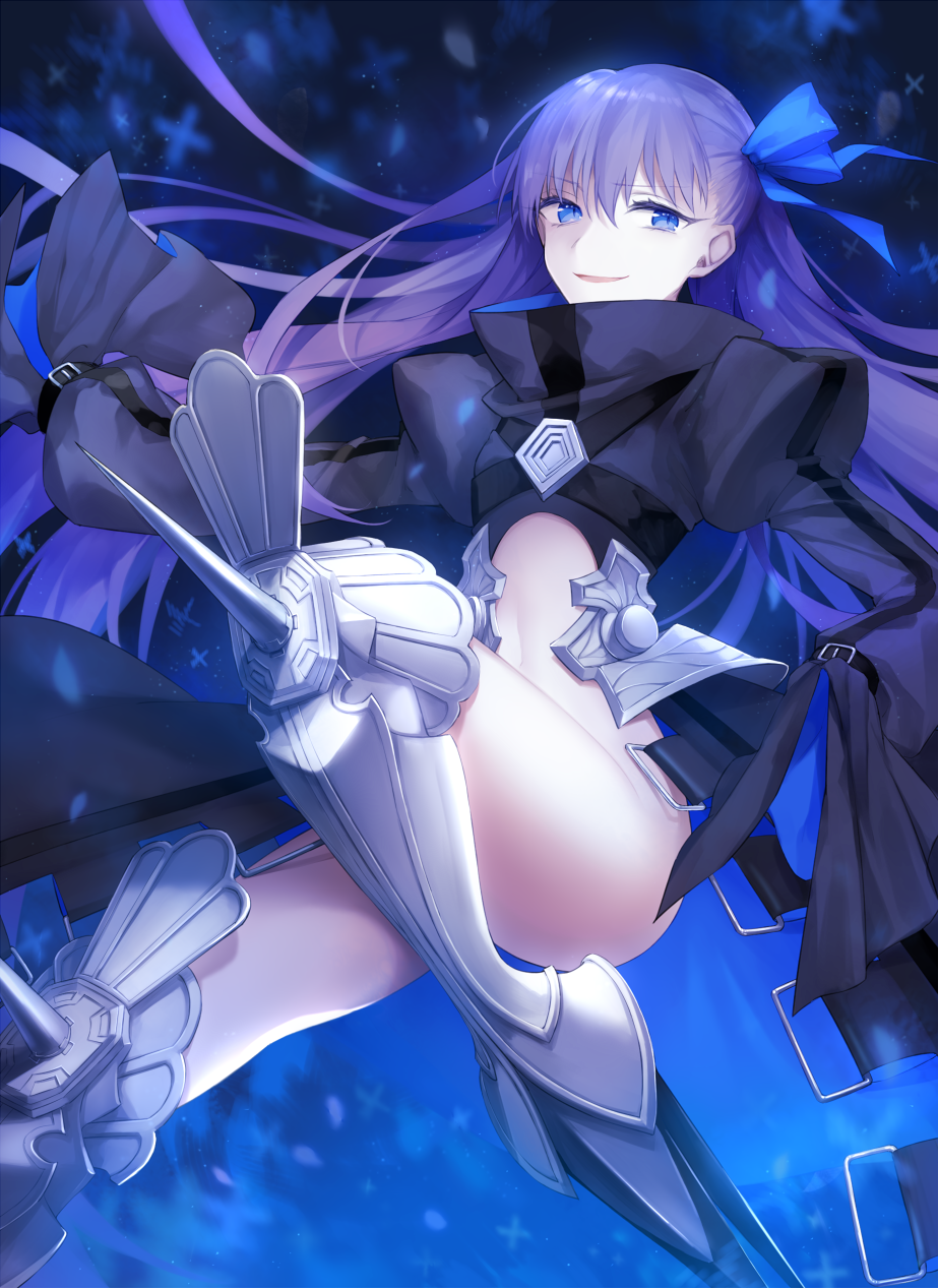 armor armored_boots ass blue_eyes boots fate/extra fate/extra_ccc fate_(series) highres long_hair looking_at_viewer meltlilith navel purple_hair smile solo very_long_hair wowishi