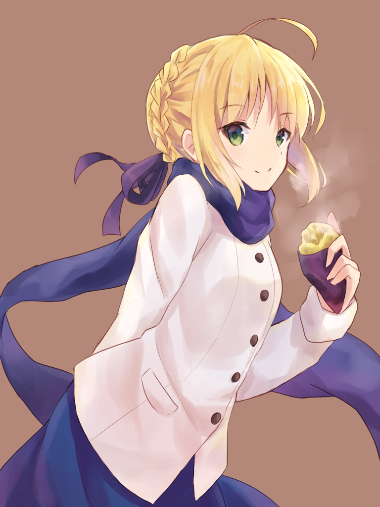 adapted_costume ahoge alternate_costume artoria_pendragon_(all) blonde_hair blue_scarf blue_skirt braid casual coat contemporary fate/stay_night fate_(series) food french_braid green_eyes hair_bun leaning_forward nonono ribbon saber scarf simple_background skirt smile solo sweet_potato