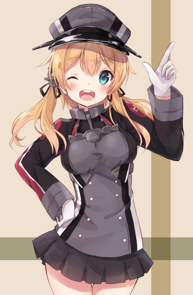 ;d anchor_hair_ornament aqua_eyes blonde_hair gloves hair_ornament hand_on_hip hat kantai_collection long_hair long_sleeves military military_uniform nonono one_eye_closed open_mouth peaked_cap pointing pointing_up prinz_eugen_(kantai_collection) simple_background skirt smile solo twintails uniform white_gloves