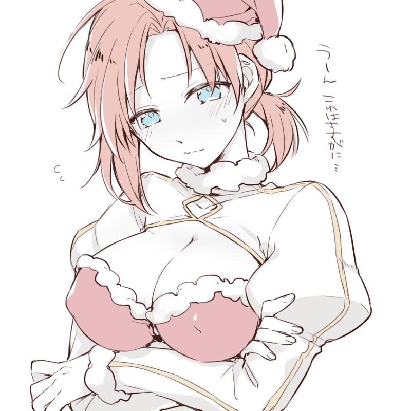blue_eyes blush boudica_(fate/grand_order) breasts citron_82 cleavage covered_nipples fate/grand_order fate_(series) hat large_breasts long_sleeves looking_at_viewer ponytail red_hair santa_hat short_hair smile solo translation_request upper_body