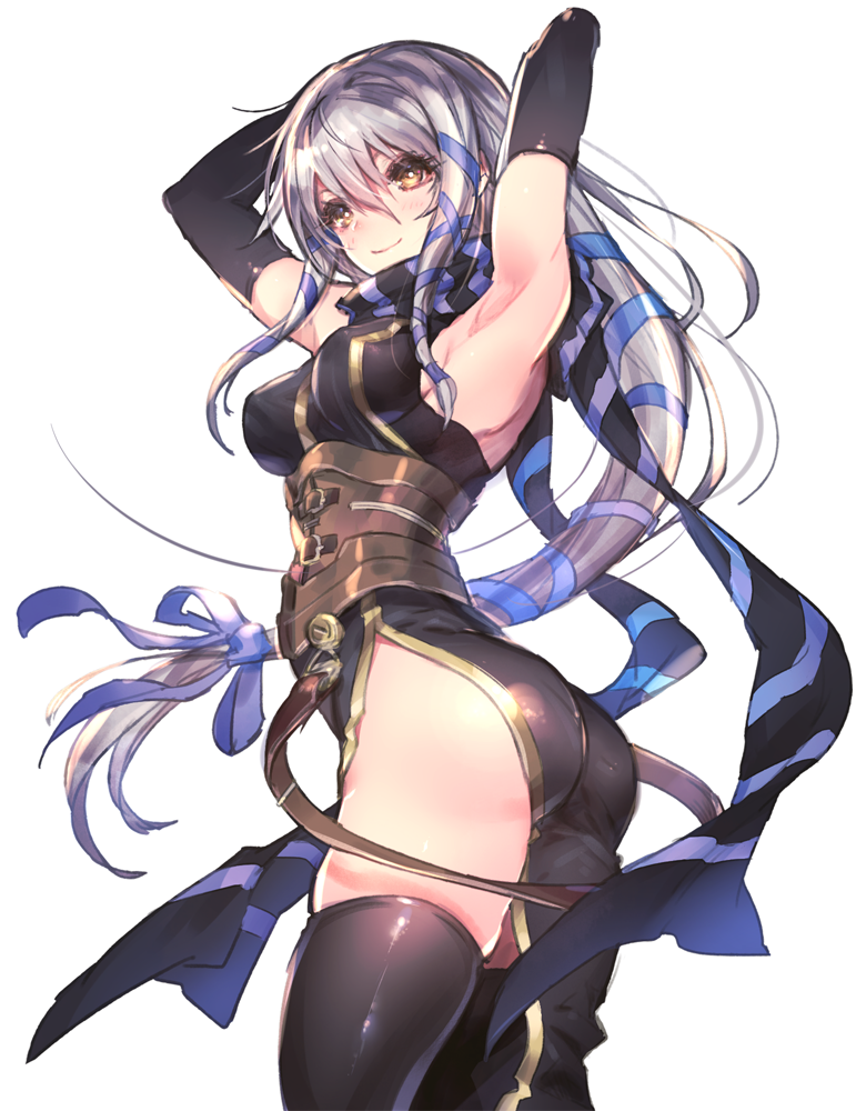 arm_up armpits ass black_gloves breasts clair_lasbard corset covered_nipples cowboy_shot elbow_gloves gloves hair_ribbon long_hair medium_breasts oro_(sumakaita) ribbon scarf sideboob silver_hair simple_background solo star_ocean star_ocean_till_the_end_of_time thighhighs twisted_torso very_long_hair white_background yellow_eyes