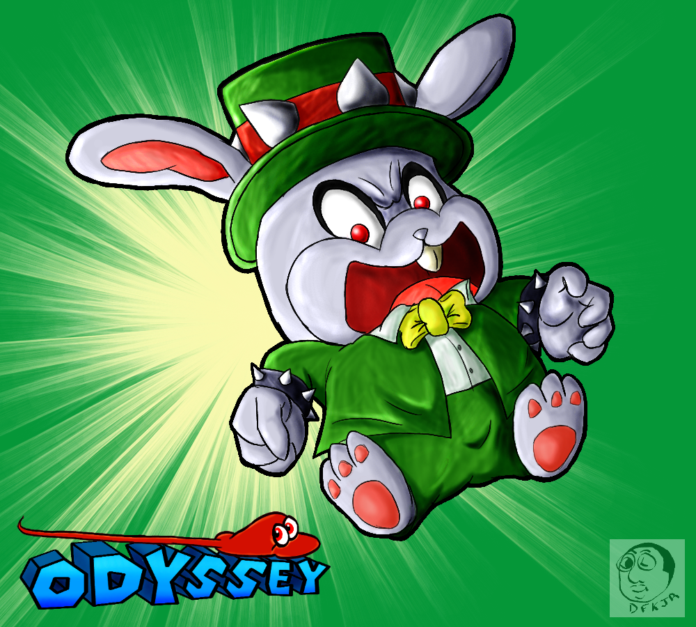 2017 anthro bracelet clothing dfkjr green_background hat jewelry lagomorph male mammal mario_bros nintendo open_mouth rabbit simple_background spiked_bracelet spikes suit super_mario_odyssey top_hat video_games