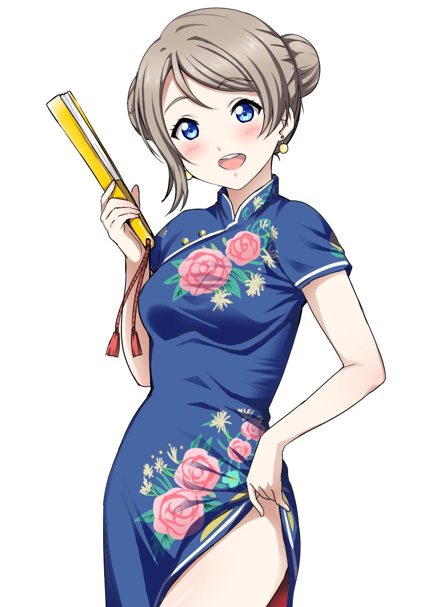:d alternate_costume blue_eyes blush breasts china_dress chinese_clothes commentary_request cowboy_shot double_bun dress dress_lift earrings fan floral_print folding_fan head_tilt highres holding holding_fan jewelry light_brown_hair looking_at_viewer love_live! love_live!_sunshine!! medium_breasts open_mouth pale_skin round_teeth rozen5 short_hair side_slit simple_background smile solo tassel teeth thighs watanabe_you white_background