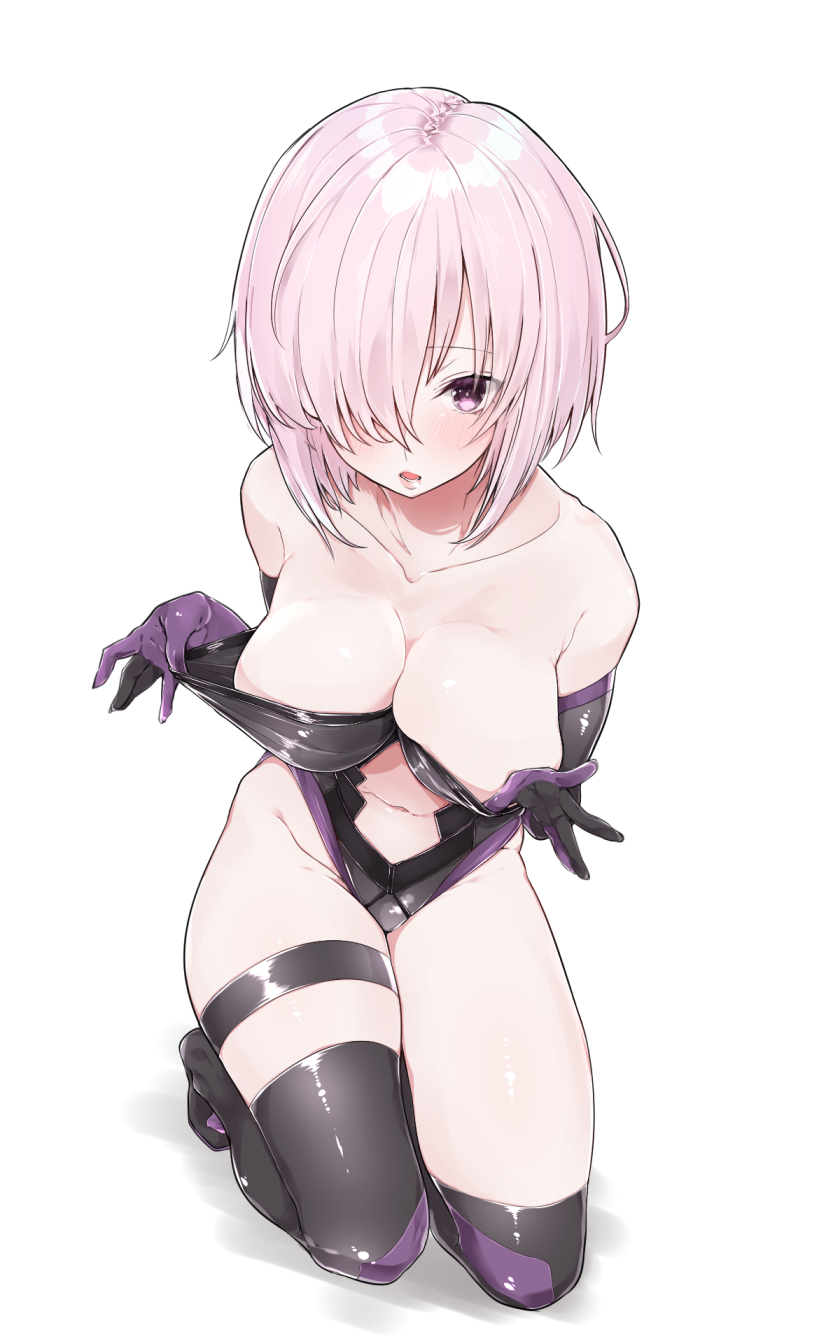 asymmetrical_legwear bare_shoulders black_gloves breasts cleavage collarbone elbow_gloves fate/grand_order fate_(series) full_body gloves hair_over_one_eye highleg highres kneeling large_breasts looking_at_viewer mash_kyrielight mitsudoue navel parted_lips pink_hair purple_eyes shiny shiny_clothes simple_background solo thighhighs thighs white_background