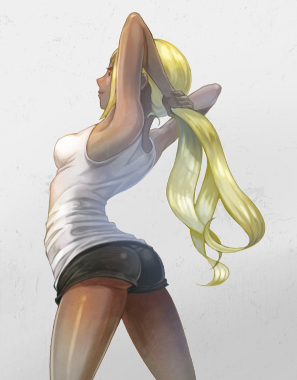 adjusting_hair alternate_costume alternate_hairstyle armpits arms_up ass back bare_legs bare_shoulders black_shorts blonde_hair breasts casual commentary_request dark_skin from_side gravity_daze gravity_daze_2 kitten_(gravity_daze) long_hair medium_breasts ponytail red_eyes short_shorts shorts sideboob simple_background smile solo tank_top thighs white_background yum