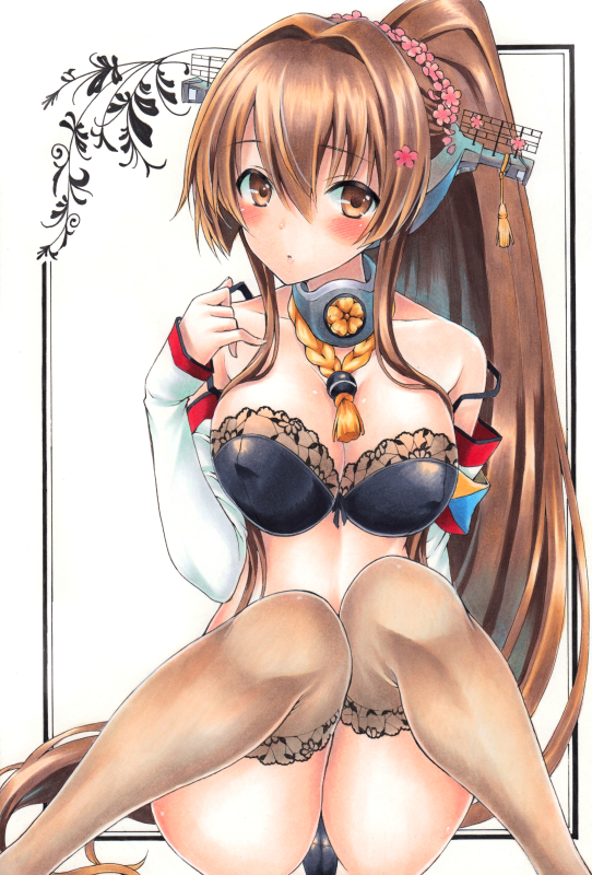 arm_up black_bra black_panties blush border bra breasts brown_eyes brown_hair brown_legwear cherry_blossoms cleavage collar flower hair_flower hair_ornament headgear kantai_collection knees_together_feet_apart lace lace-trimmed_bra lace-trimmed_thighhighs large_breasts long_hair looking_at_viewer midriff off_shoulder panties ponytail ren_(endscape20) rope sakuramon sitting solo strap_slip thighhighs traditional_media underwear white_background yamato_(kantai_collection)