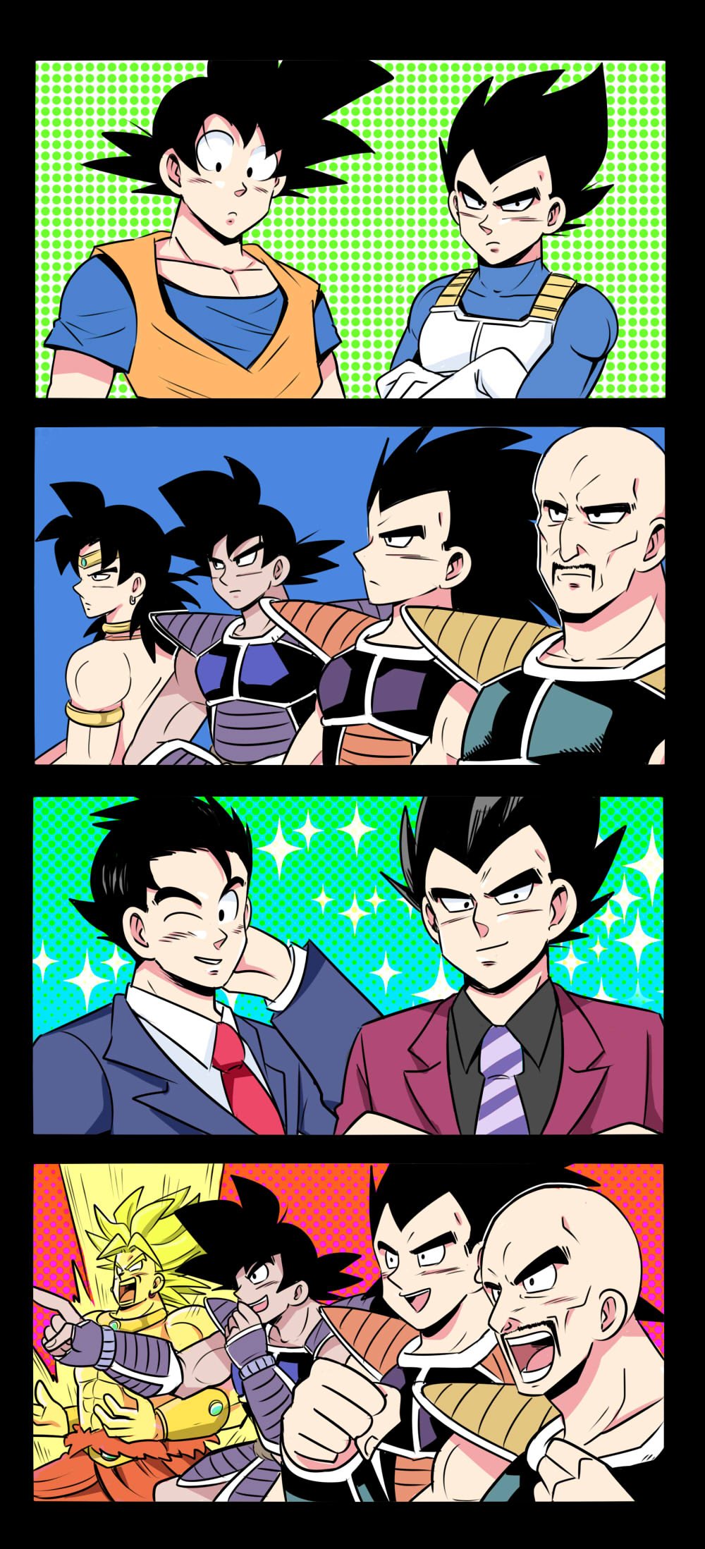 abs alternate_hairstyle armlet armor bald broly circlet clenched_hands collarbone comic crossed_arms dougi dragon_ball dragon_ball_z earrings facial_hair formal frown gaijin_4koma gloves highres jewelry legendary_super_saiyan muscle mustache nappa neck_ring necktie one_eye_closed open_mouth pesogin pointing raditz shoulder_armor smile son_gokuu sparkle striped striped_neckwear suit super_saiyan tullece vegeta white_gloves