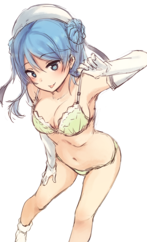 blue_eyes blue_hair blush bra breasts double_bun dutch_angle elbow_gloves eyebrows_visible_through_hair gloves hand_on_thigh hat headband kantai_collection looking_at_viewer medium_breasts nagami_yuu navel panties simple_background sketch solo tongue tongue_out underwear underwear_only urakaze_(kantai_collection) white_background white_bra white_gloves white_hat white_legwear white_panties