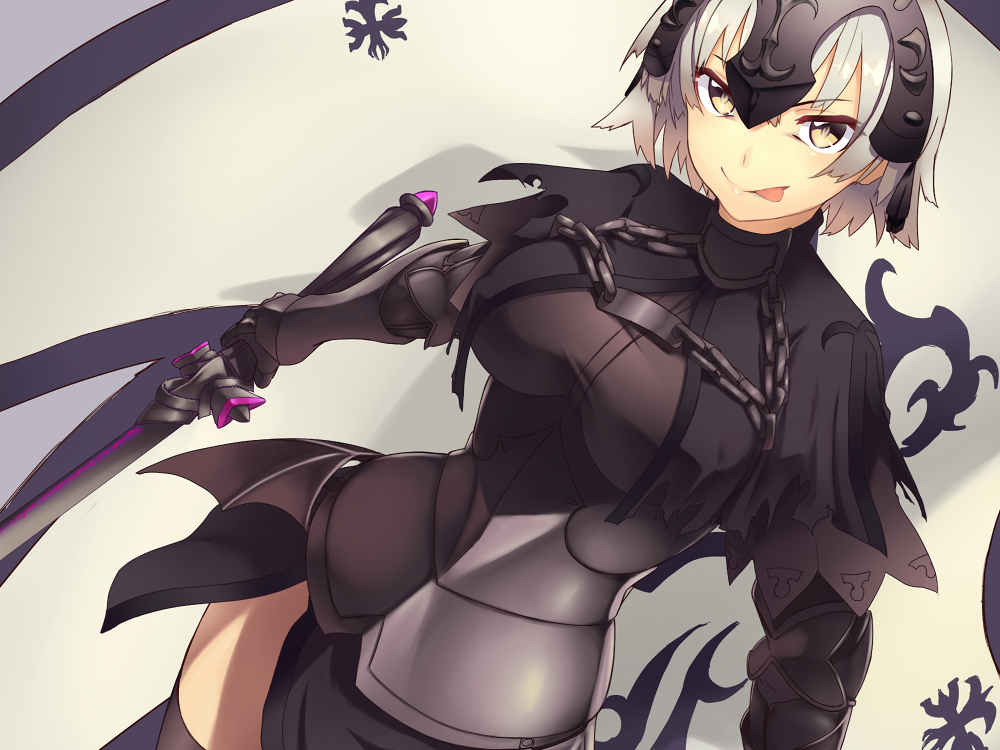 :p armor armored_dress black_gloves blonde_hair fate/apocrypha fate/grand_order fate_(series) fur_trim gauntlets gloves headpiece jeanne_d'arc_(alter)_(fate) jeanne_d'arc_(fate)_(all) reibun_(raven1119) smile solo sword tongue tongue_out weapon yellow_eyes