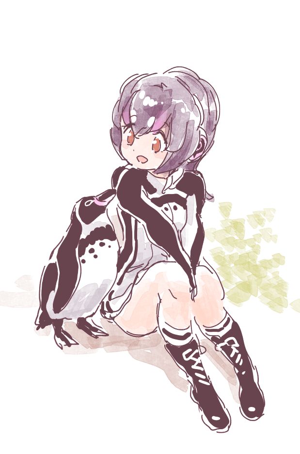 :d animal between_legs bird black_footwear black_hair black_jacket blush_stickers boots brown_eyes commentary dot_nose eyebrows_visible_through_hair eyelashes full_body grape-kun hand_between_legs headphones hood hood_down hooded_jacket humboldt_penguin humboldt_penguin_(kemono_friends) jacket jpeg_artifacts kemono_friends kneehighs knees_together_feet_apart long_sleeves looking_at_another mitsumoto_jouji multicolored multicolored_clothes multicolored_hair multicolored_jacket open_mouth outdoors own_hands_together palms_together penguin pink_hair shadow shoelaces short_hair sitting sketch smile socks tareme tube_socks turtleneck white_background