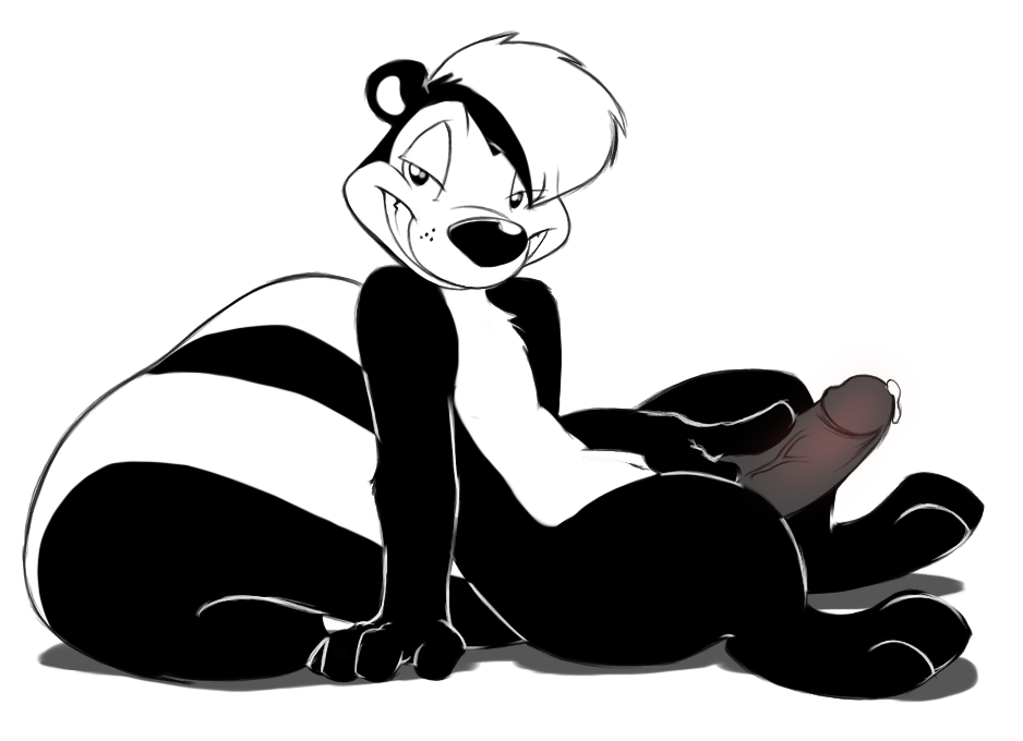 0r0ch1 cum grin looney_tunes male mammal mischievous penis pep&#233;_le_pew pepe_le_pew plain_background skunk smile solo warner_bros warner_brothers white_background