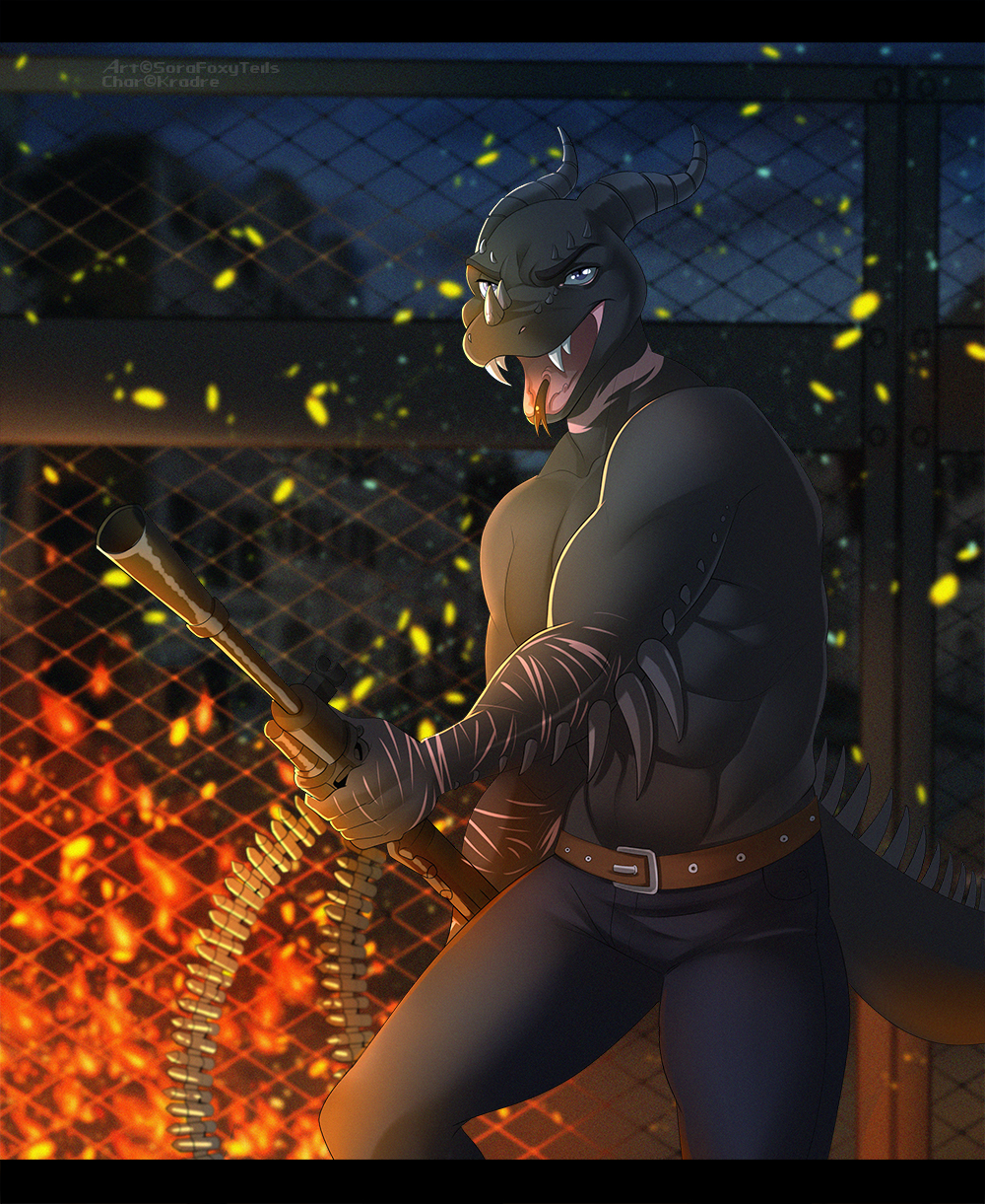 anthro black_bars blue_eyes clothed clothing detailed_background fire gun holding_object holding_weapon horn lizard male open_mouth outside ranged_weapon reptile scalie solo sorafoxyteils teeth topless weapon