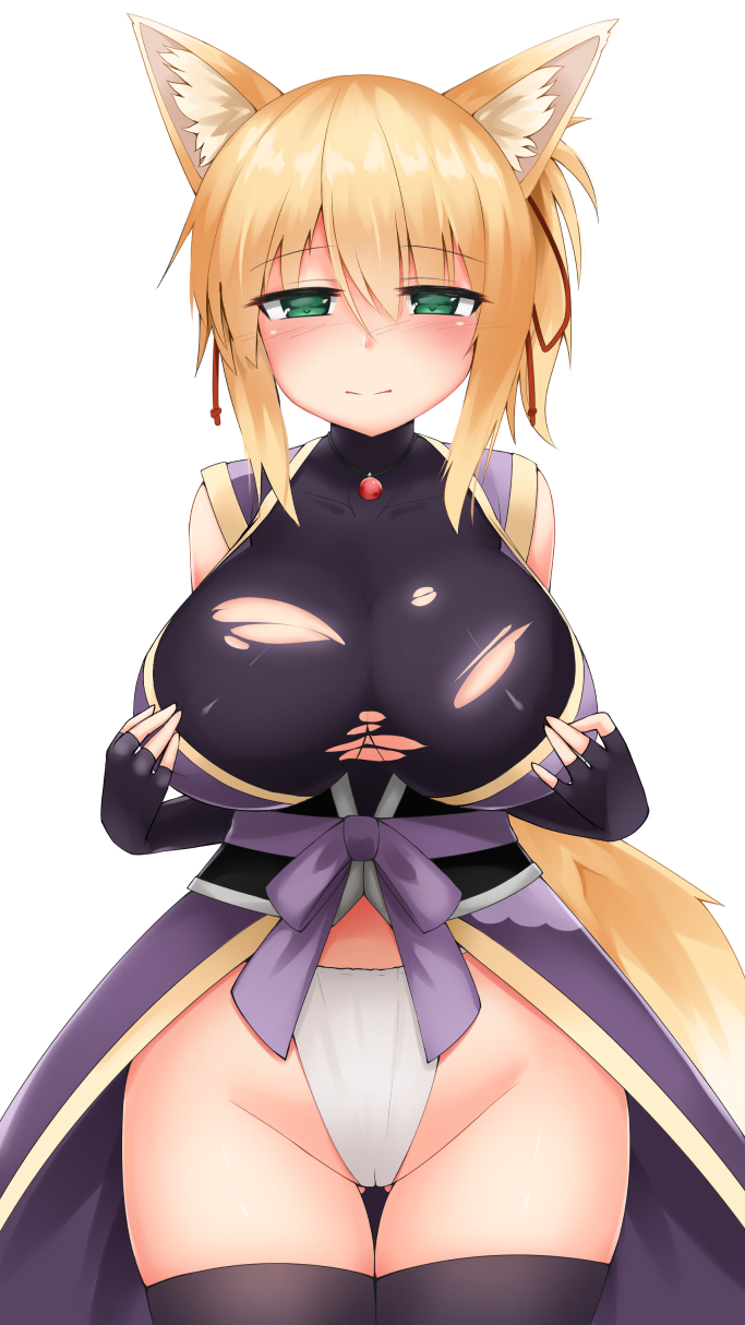 animal_ears ass_visible_through_thighs black_gloves black_legwear blonde_hair blush breast_hold breasts cameltoe cowboy_shot cowfee dog_days eyebrows_visible_through_hair fingerless_gloves fox_ears fox_tail fundoshi gloves green_eyes groin hair_between_eyes highres huge_breasts japanese_clothes jewelry looking_at_viewer pendant sash side_ponytail simple_background sleeveless solo tail thigh_gap thighhighs torn_clothes white_background yukikaze_panettone