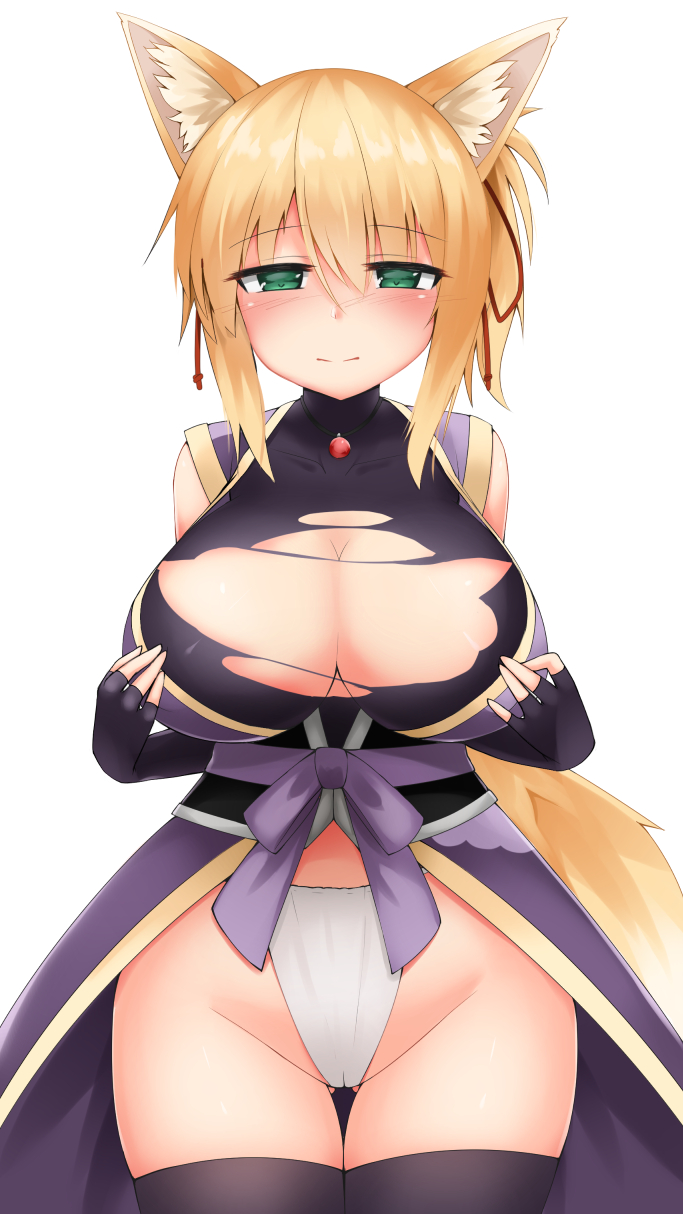 animal_ears ass_visible_through_thighs black_gloves black_legwear blonde_hair blush breast_hold breasts cameltoe cowboy_shot cowfee dog_days eyebrows_visible_through_hair fingerless_gloves fox_ears fox_tail fundoshi gloves green_eyes groin hair_between_eyes highres huge_breasts japanese_clothes jewelry looking_at_viewer paizuri_invitation pendant sash side_ponytail simple_background sleeveless solo tail thigh_gap thighhighs torn_clothes white_background yukikaze_panettone
