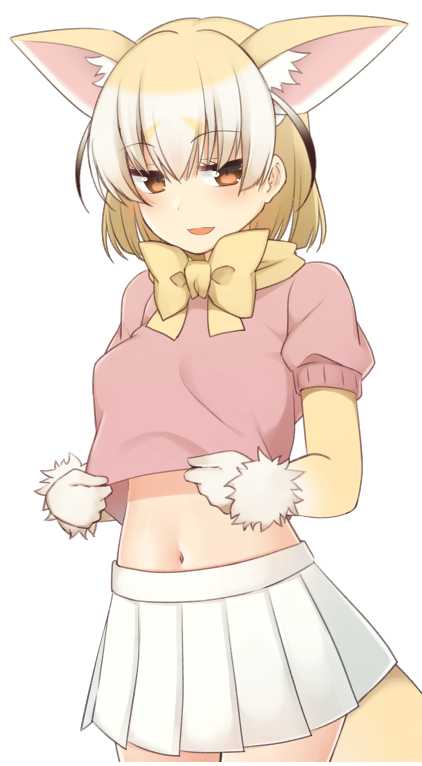 :3 animal_ears blonde_hair breasts brown_eyes brown_hair clothes_lift cowboy_shot dot_nose extra_ears eyebrows_visible_through_hair fennec_(kemono_friends) fox_ears fox_tail fur_trim gloves hair_between_eyes jitome kemono_friends lifted_by_self looking_at_viewer medium_breasts midriff multicolored_hair nagami_yuu navel neck_ribbon open_mouth pink_sweater pleated_skirt puffy_short_sleeves puffy_sleeves ribbon short_hair short_sleeve_sweater short_sleeves simple_background skirt smile solo sweater sweater_lift tail white_background white_hair white_skirt yellow_ribbon