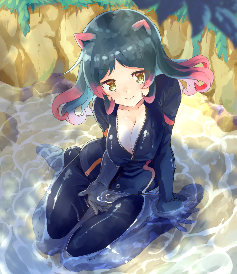 animal_ears blue_hair blush breasts catsuit cleavage collarbone from_above hippopotamus_(kemono_friends) hippopotamus_ears kemono_friends large_breasts long_hair looking_at_viewer multicolored_hair naka_akira open_clothes partially_submerged pink_hair pool sitting smile solo wariza yellow_eyes zipper