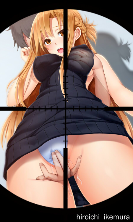 1girl artist_name asuna_(sao) between_thighs black_hair blush braid breast_grab breasts clothed_sex couple covered_nipples dress fingering grabbing groin groping ikemura_hiroichi kirito large_breasts long_hair looking_back open_mouth orange_eyes orange_hair panties pantyshot pantyshot_(standing) pussy_juice sideboob sniper_scope standing sweater sweater_dress sword_art_online underwear white_panties