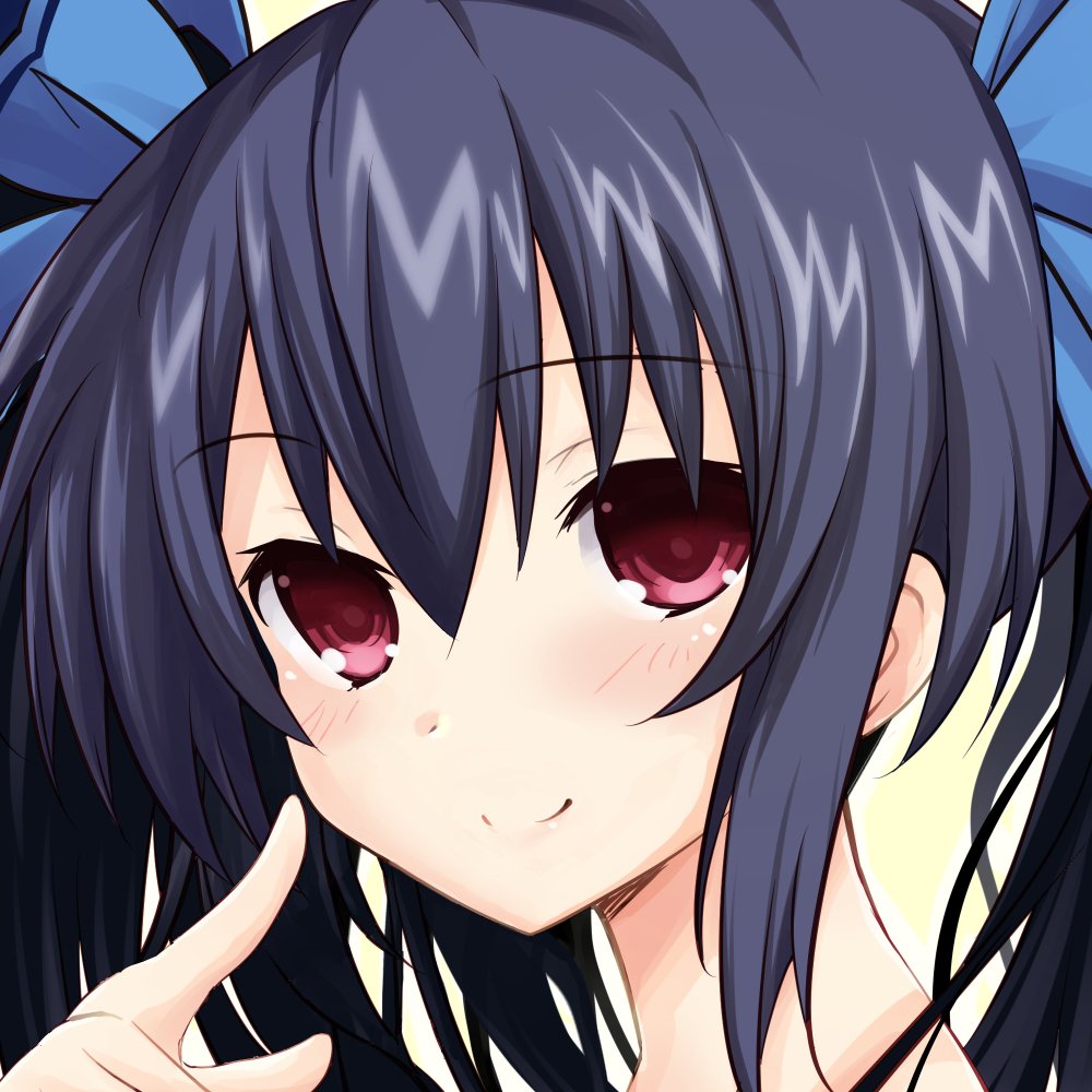 blush close-up finger_to_mouth hair_ribbon iwasi-r long_hair looking_at_viewer neptune_(series) noire red_eyes ribbon shin_jigen_game_neptune_vii shiny shiny_hair shiny_skin simple_background smile twintails yellow_background