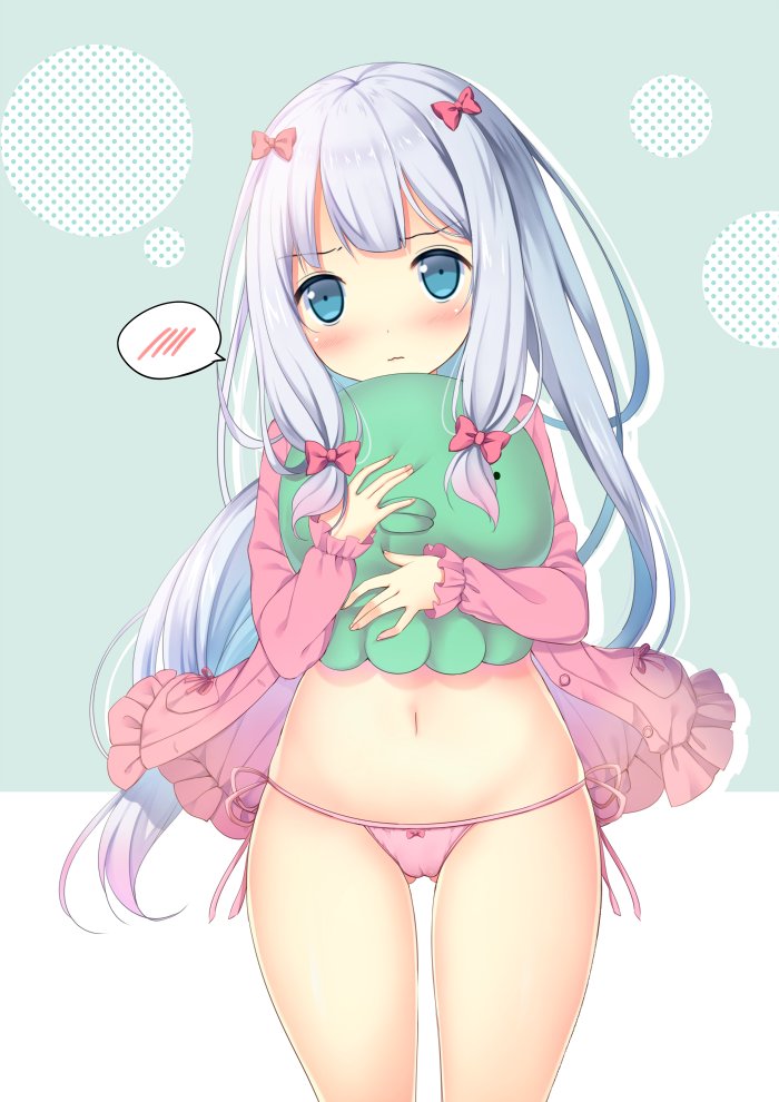 bangs blue_eyes blush bow bow_panties cameltoe closed_mouth commentary_request cowboy_shot embarrassed eromanga_sensei eyebrows_visible_through_hair hair_bow holding holding_stuffed_animal izumi_sagiri long_hair long_sleeves looking_at_viewer navel no_pants open_clothes pajamas panties pink_bow pink_pajamas pink_panties polka_dot shibainu_niki side-tie_panties sidelocks silver_hair solo spoken_blush standing stuffed_animal stuffed_toy two-tone_background underwear very_long_hair wavy_mouth