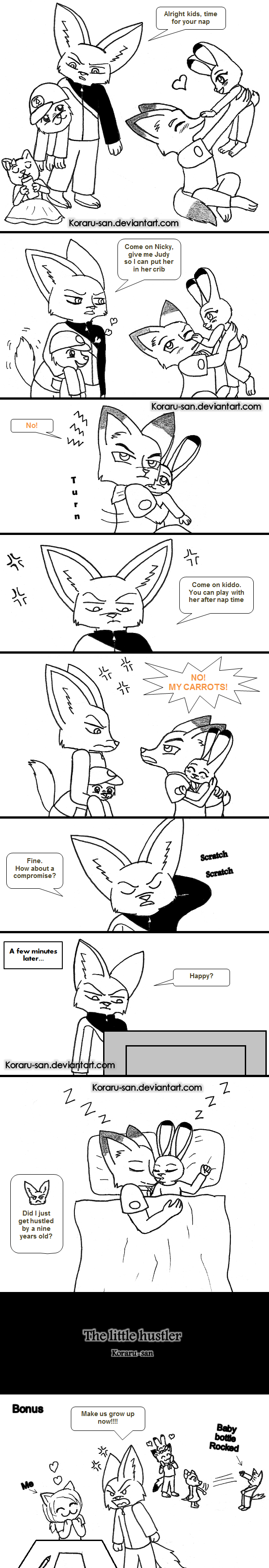 &lt;3 2017 angry blush canine comic crib cub cuddling dialogue disney female finnick fox hat holding_(disambiguation) judy_hopps koraru-san lagomorph love male mammal nick_wilde rabbit simple_background sitting sleeping yelling young zootopia