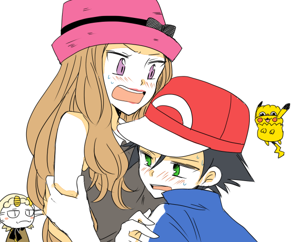 1girl atsumi_yoshioka baseball_cap black_hair blush brown_hair cosplay eureka_(pokemon) eureka_(pokemon)_(cosplay) gen_1_pokemon gen_6_pokemon green_eyes hat inkay kojirou_(pokemon) meowth musashi_(pokemon) pikachu pikachu_(cosplay) pokemon pokemon_(anime) pokemon_xy_(anime) purple_eyes satoshi_(pokemon) satoshi_(pokemon)_(cosplay) serena_(pokemon) serena_(pokemon)_(cosplay) team_rocket