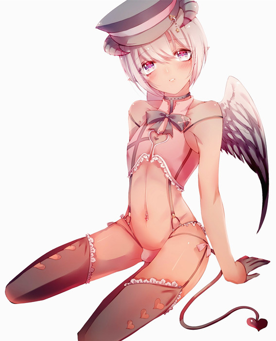 arm_support bananaxcs7 bow bulge choker demon_boy demon_wings feathered_wings frilled_legwear frilled_panties frills gloves hat heart_cutout horns incubus looking_at_viewer male_focus md5_mismatch navel original otoko_no_ko panties parted_lips simple_background sitting tail underwear wings