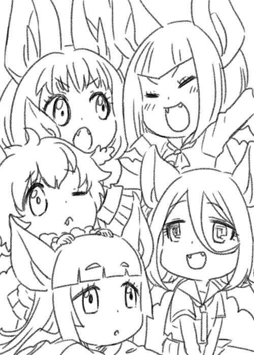 :d :o ;&lt; ^_^ animal_ears arm_up ascot bangs bat_ears bat_wings blunt_bangs blush brown_long-eared_bat_(kemono_friends) chibi closed_eyes common_vampire_bat_(kemono_friends) dot_nose eyebrows eyebrows_visible_through_hair eyelashes facing_another fang fang_out fangs fraternal_myotis_(kemono_friends) fukai_(yas_lions) fur_collar greyscale hair_between_eyes hands_on_another's_head hilgendorf's_tube-nose_bat_(kemono_friends) honduran_white_bat_(kemono_friends) jitome jpeg_artifacts kemono_friends long_hair long_sleeves looking_at_another looking_to_the_side looking_up lying monochrome multiple_girls necktie no_mask on_stomach one_eye_closed open_mouth pleated_skirt shirt short_hair sitting sketch skirt smile standing tareme thick_eyebrows v-shaped_eyebrows wavy_hair wings |d