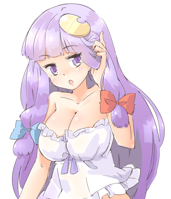 adjusting_hair arnest blush bow breasts camisole cleavage crescent crescent_hair_ornament hair_bow hair_ornament large_breasts long_hair looking_at_viewer open_mouth patchouli_knowledge purple_eyes purple_hair simple_background sketch solo strapless touhou upper_body white_background