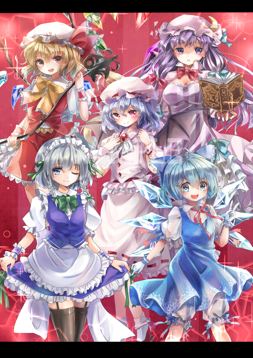 :d :o ;) apron bangs bat_wings black_legwear blonde_hair bloomers blue_bow blue_dress blue_eyes blue_hair blue_nails blue_vest blush bobby_socks book bow bowtie braid breasts brooch buttons capelet cirno cleavage collared_shirt commentary_request crescent crescent_moon_pin crystal demon_wings detached_wings dress eyebrows_visible_through_hair fang flandre_scarlet frilled_apron frilled_skirt frills garter_straps gem gloves green_bow green_neckwear grimoire hair_between_eyes hair_bow hand_on_own_chest hat hat_ribbon heart highres holding holding_book ice ice_wings izayoi_sakuya jewelry laevatein large_bow lens_flare letterboxed long_hair looking_at_viewer maid maid_apron maid_headdress medium_breasts mob_cap multiple_girls nail_polish one_eye_closed open_book open_mouth patchouli_knowledge pinafore_dress pink_hat pink_skirt puffy_short_sleeves puffy_sleeves purple_eyes purple_hair purple_nails red_background red_bow red_eyes red_footwear red_neckwear red_ribbon red_skirt red_vest remilia_scarlet ribbon ribbon-trimmed_skirt ribbon_trim sample shironeko_yuuki shirt shoes short_sleeves silver_hair skirt skirt_hold smile socks sparkle standing striped tareme thighhighs touhou tsurime twin_braids underwear v v-shaped_eyebrows vertical-striped_dress vertical_stripes very_long_hair vest waist_apron watermark white_apron white_gloves white_hat white_legwear white_shirt wing_collar wings wrist_cuffs yellow_bow yellow_neckwear zettai_ryouiki