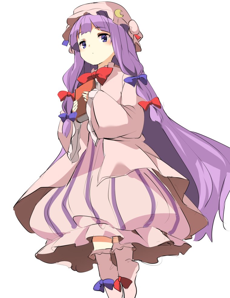 bangs blue_bow blue_eyes blue_ribbon blunt_bangs blush book bow bowtie closed_mouth commentary_request crescent dress frilled_dress frilled_sleeves frills hair_bow hasebe_yuusaku hat hat_ribbon holding holding_book long_hair long_sleeves looking_at_viewer mob_cap pajamas patchouli_knowledge purple_hair red_bow red_neckwear red_ribbon ribbon solo striped touhou vertical-striped_dress vertical_stripes very_long_hair