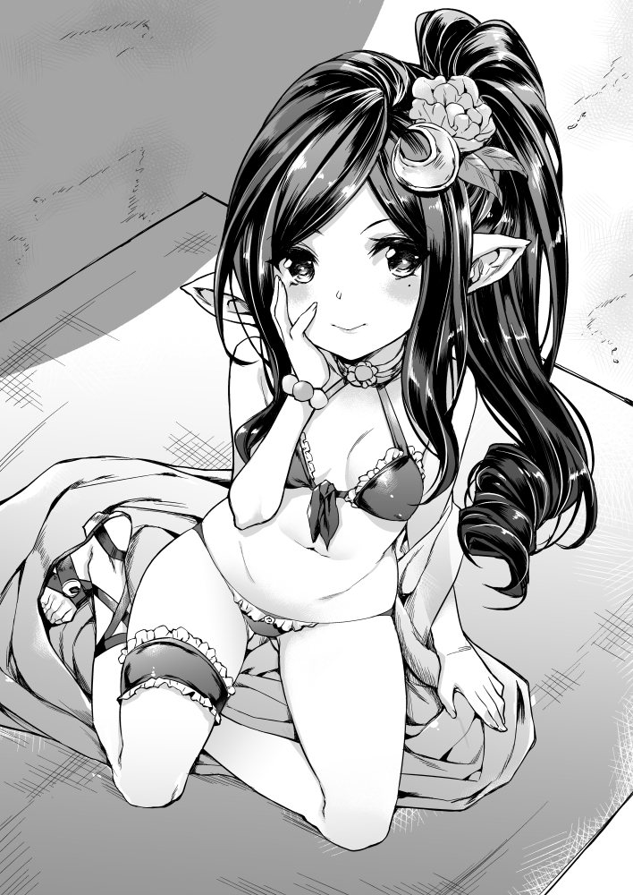 arulumaya bikini breasts closed_mouth commentary_request crescent crescent_hair_ornament flower granblue_fantasy greyscale hair_flower hair_ornament hand_on_own_cheek harvin leg_garter long_hair looking_at_viewer mole mole_under_eye monochrome mushi024 pointy_ears small_breasts smile solo swimsuit