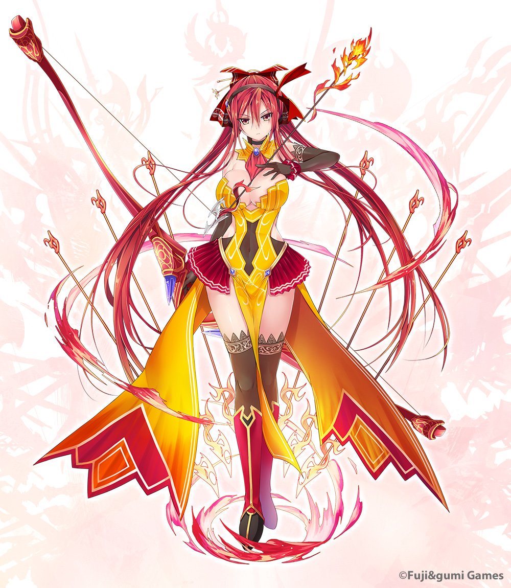 arrow between_breasts boots bow bow_(weapon) breasts choker cleavage company_name covered_navel detached_collar dress elbow_gloves fire flame floating_weapon gloves hair_bow hair_ornament hairband hairpin huge_weapon knee_boots large_breasts long_dress long_hair looking_at_viewer official_art patterned_background phantom_of_the_kill red_eyes red_hair shekinah_(phantom_of_the_kill) side_cutout skindentation solo strapless strapless_dress thighhighs weapon yellow_dress